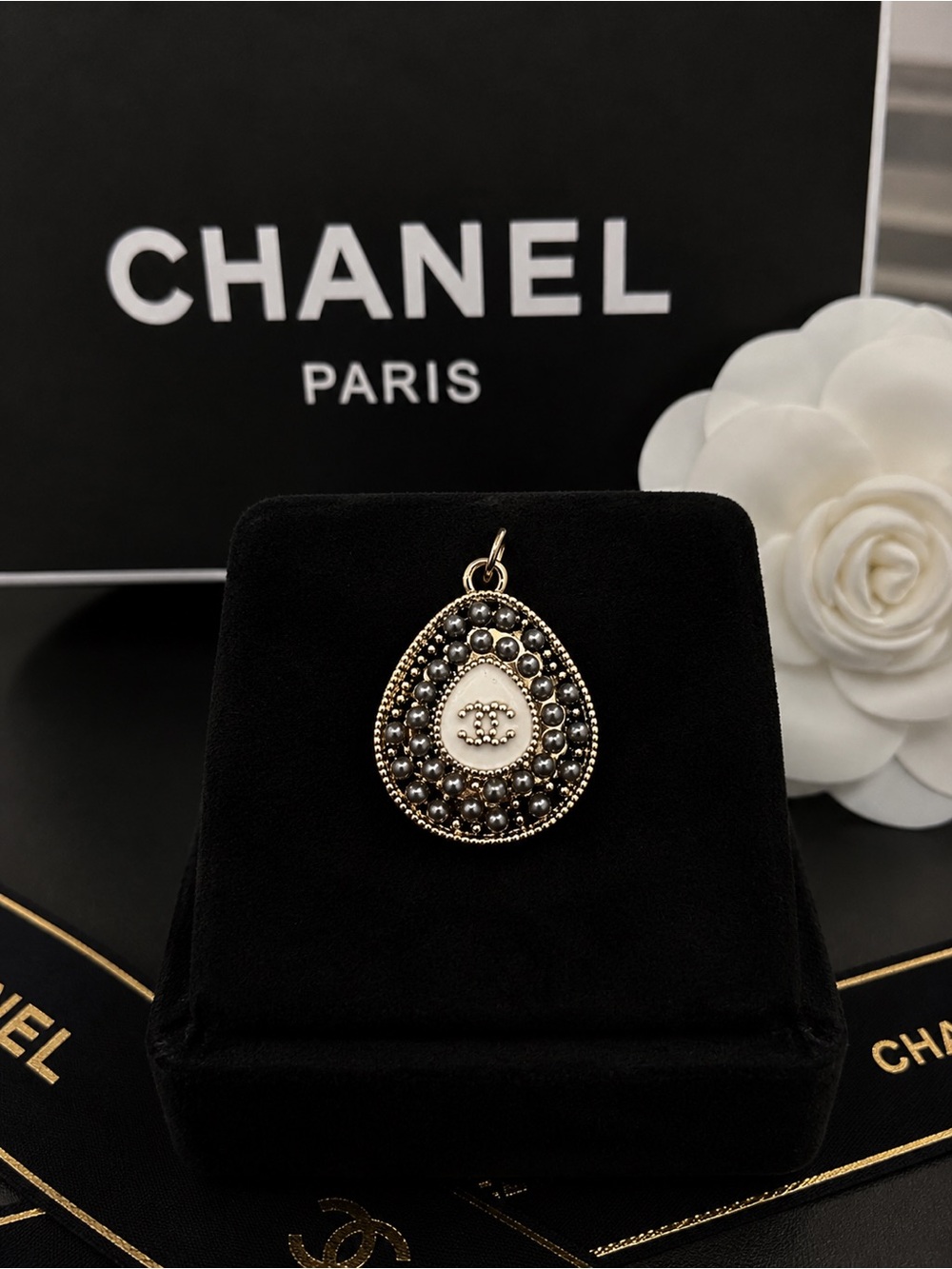 Chanel stamped Gold and Black Pearl Teardrop Pendant charm zipper pull